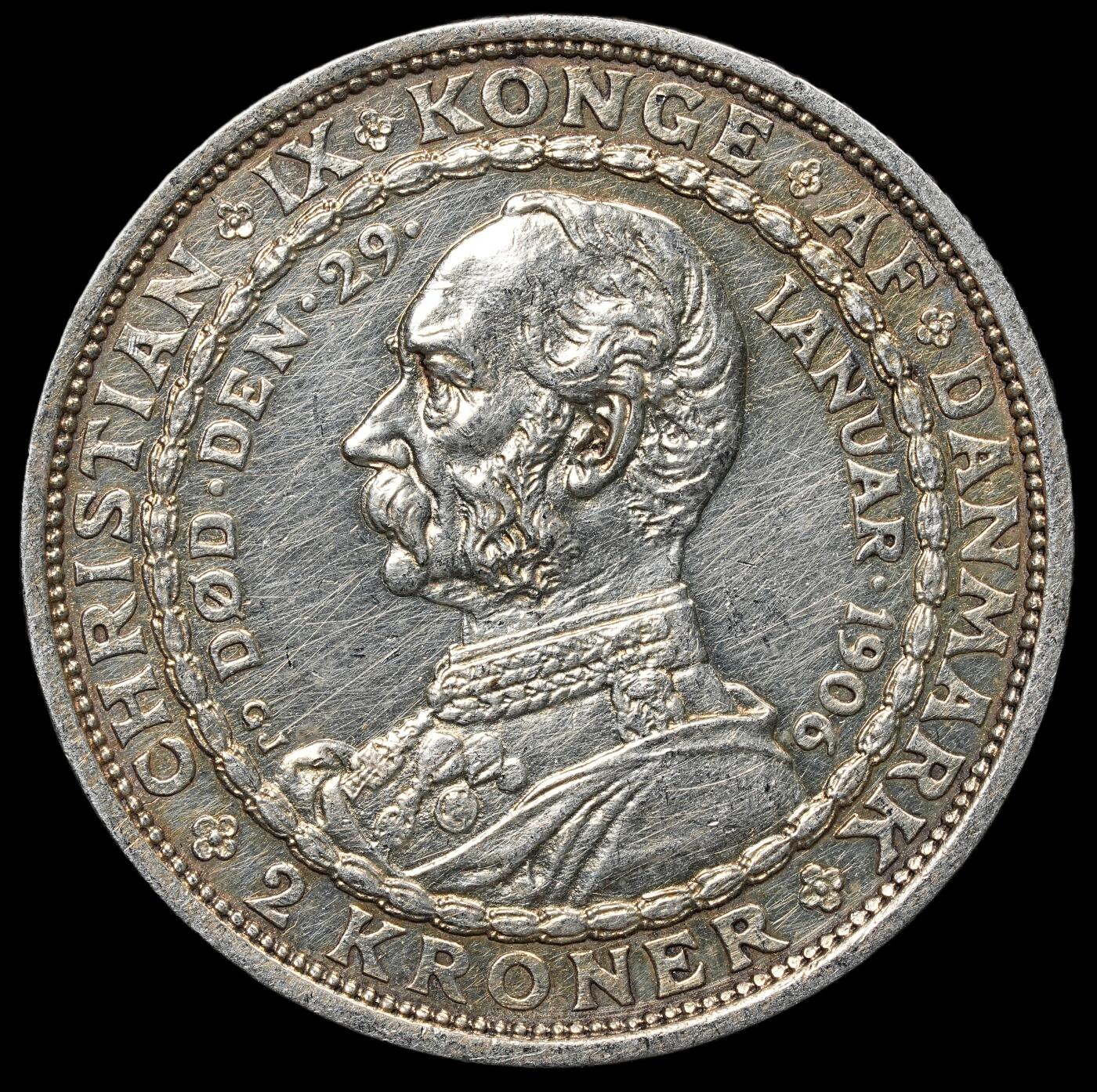 修遠堂世界钱币第104期 1906年丹麦国王更迭纪念2克朗银币 15g，含银80%