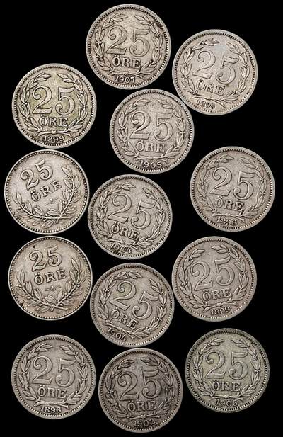 修遠堂世界钱币第104期 - 瑞典25欧尔银币一组，总重30.78g，含银60%