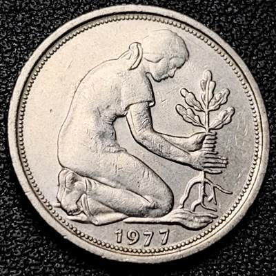 泉币菌-第182场- 精品福利场 - 高币值 1977年 J版 联邦德国50芬尼镍币 20mm 绿植少女