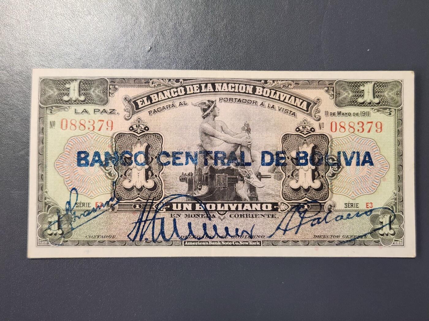 2月9号晚上8点 外国纸币自动截拍第22场 玻利维亚 1玻利维亚诺 加盖版 1911年 近新极美品