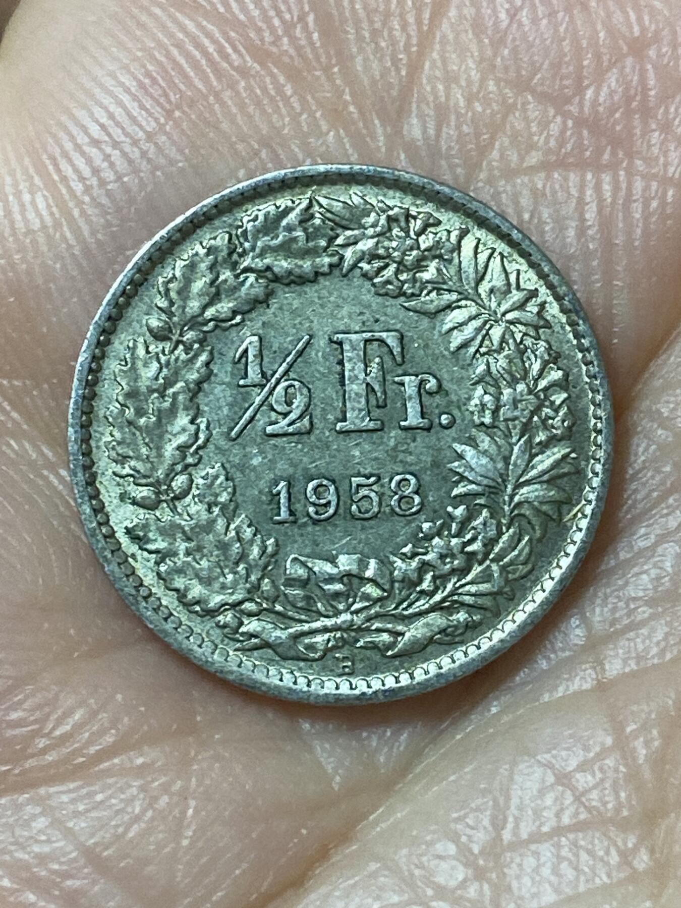 2026年第二十一场(总第一百九十场）外国好品散币场(免佣金) 瑞士🇨🇭1958年1/2法郎银币(第二版，B标伯尔尼造，835高银)