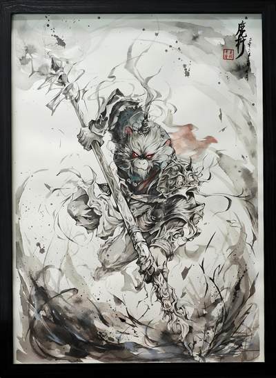 白泽拍卖卡牌手绘专场第32期（愿得长如此 年年物侯新） - 2025 鹿凝手绘画 齐天大圣 已装裱 尺寸：37cm*55.6cm  鹿凝亲签