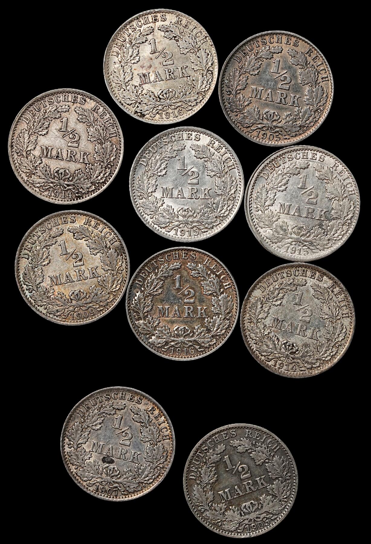 修遠堂世界钱币第104期 德国1/2马克银币一组，总重27.69g，含银90%