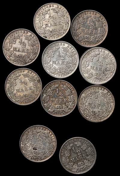 修遠堂世界钱币第104期 - 德国1/2马克银币一组，总重27.69g，含银90%