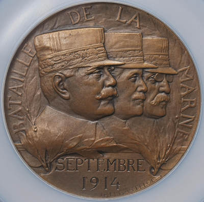 修遠堂世界钱币第104期 - NGC MS64BN 1914年法国-马恩河战役纪念大铜章，66 mm，146.04g，著名雕塑家J. P. Legastelois（让 - 皮埃尔・勒・卡斯泰卢瓦）雕刻制版