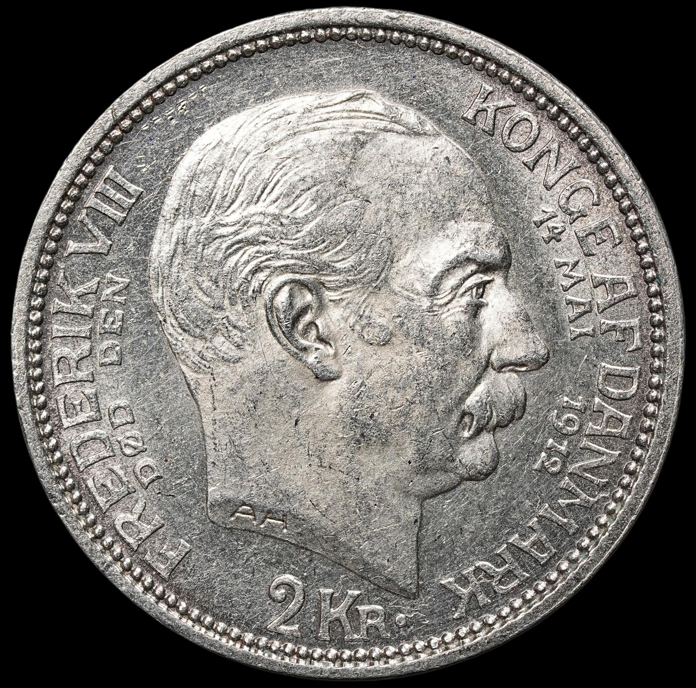 修遠堂世界钱币第104期 1912年丹麦国王更迭纪念2克朗银币 15g，含银80%