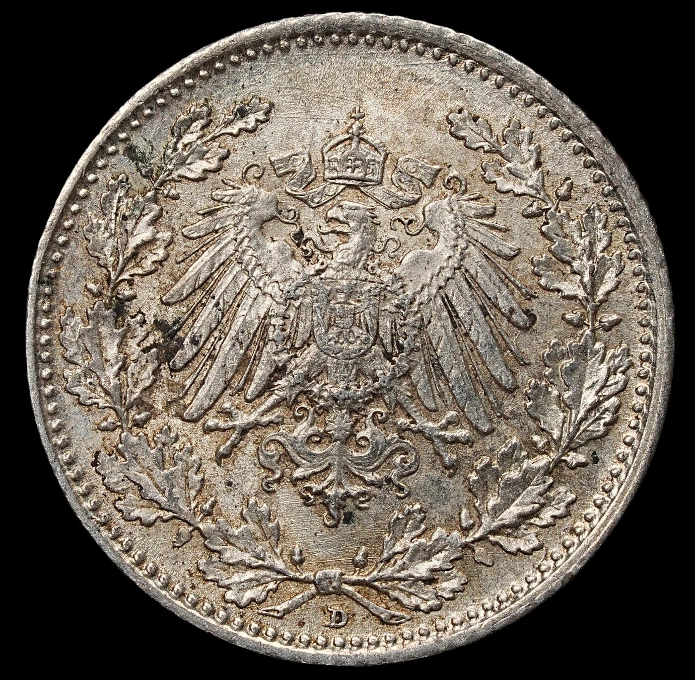 修遠堂世界钱币第104期 1918年德国1/2马克银币，D厂铭，2.77g，含银90%，未流通