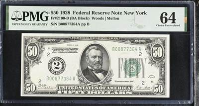 《外钞收藏家》第六百零九期（农历年前收官场、本期年后快递恢复正常再发货）（本平台长期征集拍品、欢迎藏友们联系合作） - 美国1928年数字版50美元，小票幅首发版，PMG64。该数字版的B2纽约区的各面额钞票存世量极少，是众多收藏者难遇的区间，并且价格一直高于其他同面额区间的钞票，海内外稀少珍品，错过难遇！