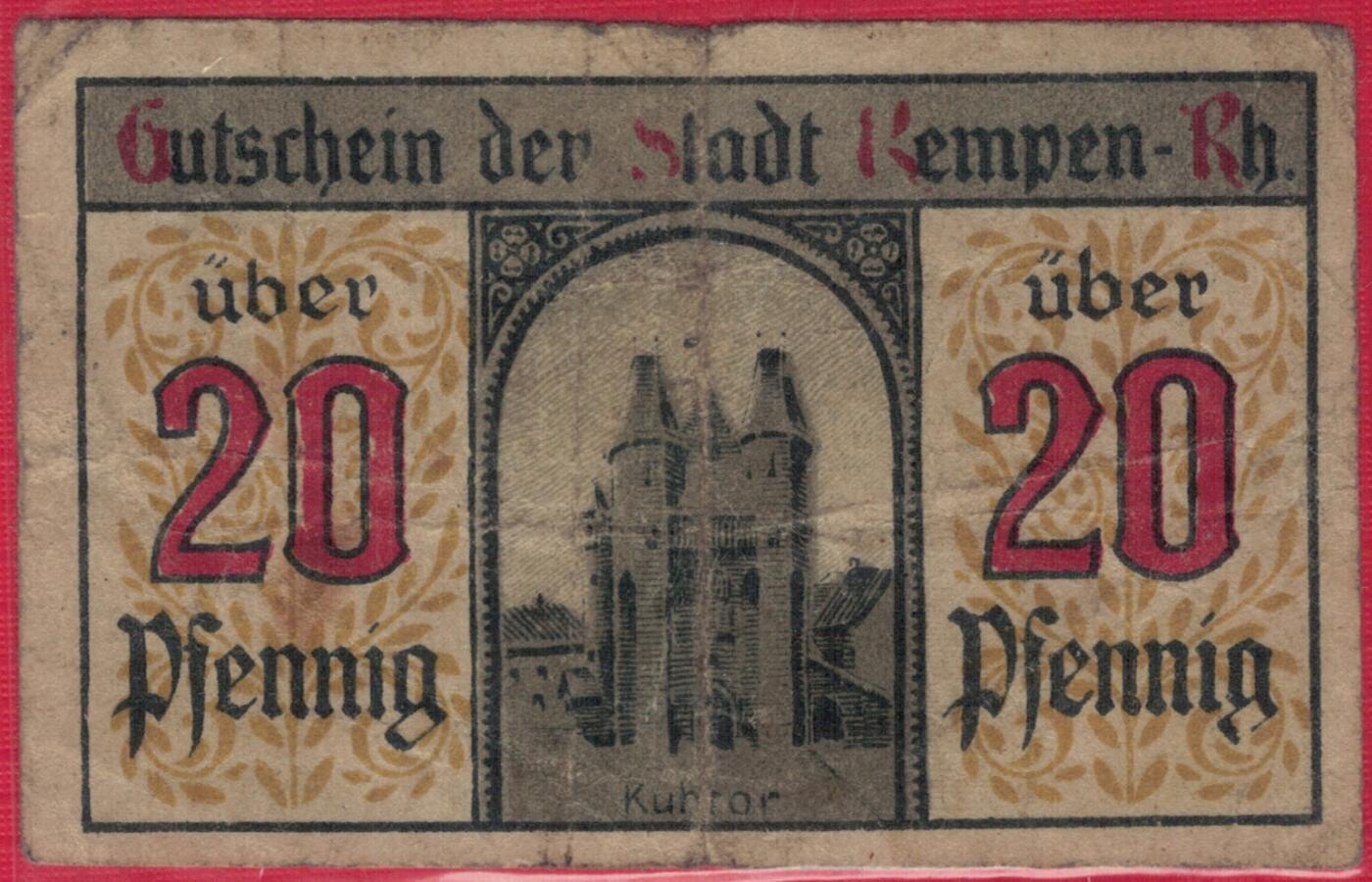 德国北莱茵-威斯特伐利亚州肯彭市1920年20芬尼 紧急状态币 实物图 八五品 小票幅 较少品种