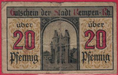 德国北莱茵-威斯特伐利亚州肯彭市1920年20芬尼 紧急状态币 实物图 八五品 小票幅 较少品种 - 德国北莱茵-威斯特伐利亚州肯彭市1920年20芬尼 紧急状态币 实物图 八五品 小票幅 较少品种