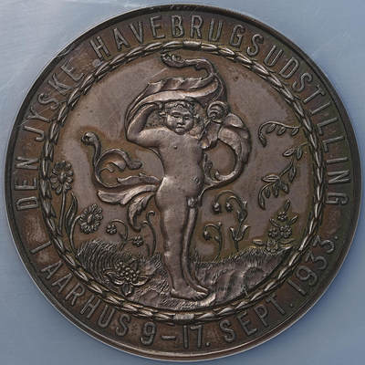 修遠堂世界钱币第104期 - NGC MS62BN 1933年丹麦日德兰园艺博览会纪念章，疑为银章，在深色绒布盒子里放久了，包浆太深被NGC定为铜，重60多克