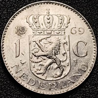 泉币菌-第185场- 精品福利场 23:30分 今天第二场  不见不散（192场和之前的 2月14日发货） - 1969年 荷兰王国早期1盾 朱莉安娜女王  镍币 硬币 25mm 