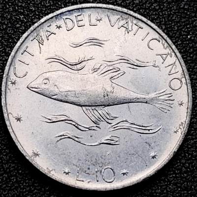 泉币菌-第183场- 精品福利场（192场和之前的 2月14日发货） - 原光极美 梵蒂冈10里拉铝币 23.2mm- 鱼象征耶稣基督圣体 以及 丰足与生命