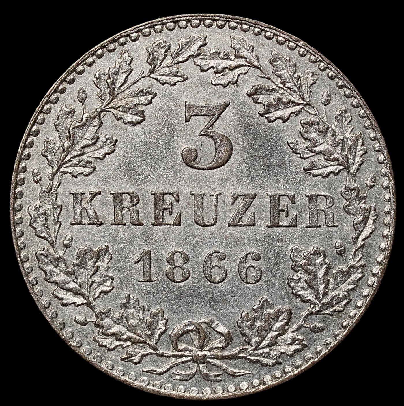 修遠堂世界钱币第104期 1866年法兰克福3克鲁泽