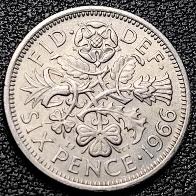 泉币菌-第185场- 精品福利场 23:30分 今天第二场  不见不散（192场和之前的 2月14日发货） - 原光美品 1966年 英国6便士硬币 爱情幸运币 19.3mm 