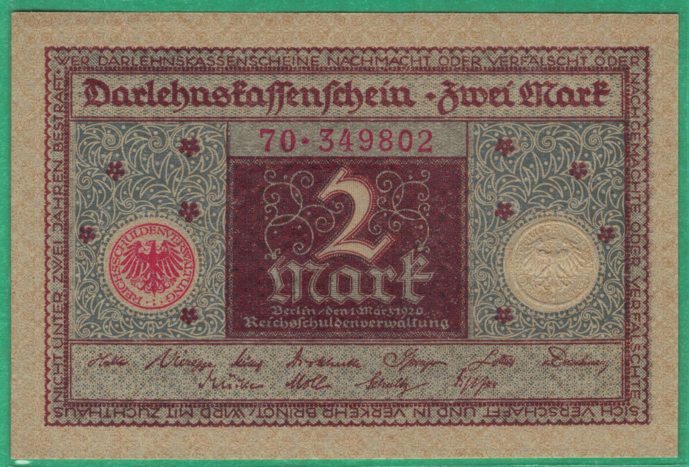 德国1920年2马克 P-60 棕色 欧洲纸币 实物图 UNC 