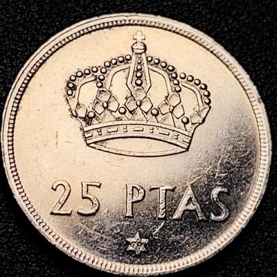 泉币菌-第185场- 精品福利场 23:30分 今天第二场  不见不散（192场和之前的 2月14日发货） - 原光UNC 西班牙1975年25比萨塔 卡洛斯一世 铜镍币 26.5mm 