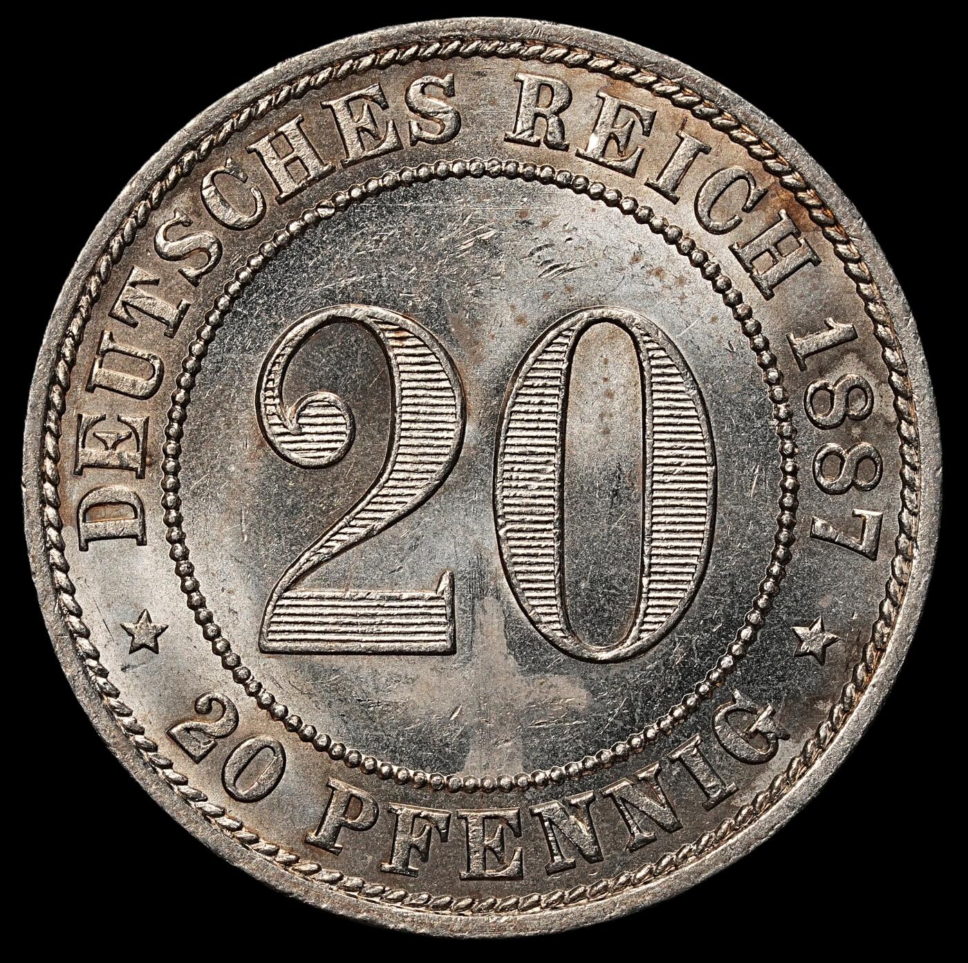 修遠堂世界钱币第104期 1887年德国20芬尼 A厂铭，未流通