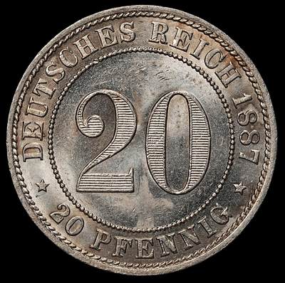 修遠堂世界钱币第104期 - 1887年德国20芬尼 A厂铭，未流通