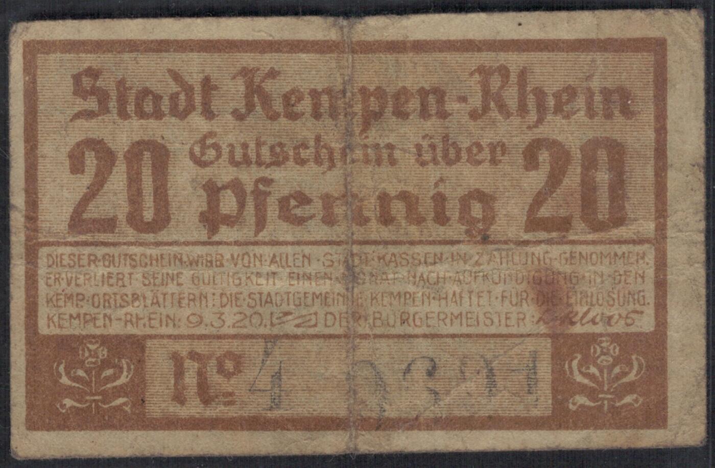 德国北莱茵-威斯特伐利亚州肯彭市1920年20芬尼 紧急状态币 实物图 八五品 小票幅 较少品种