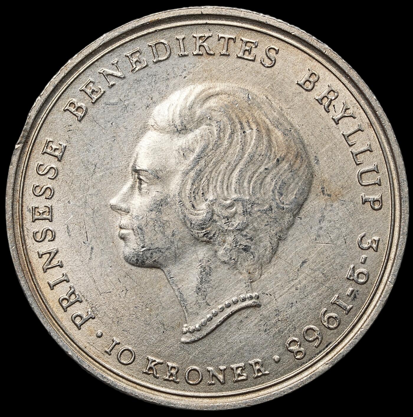 修遠堂世界钱币第104期 1968年丹麦公主本尼迪克特结婚纪念10克朗银币 20.40g，含银80%