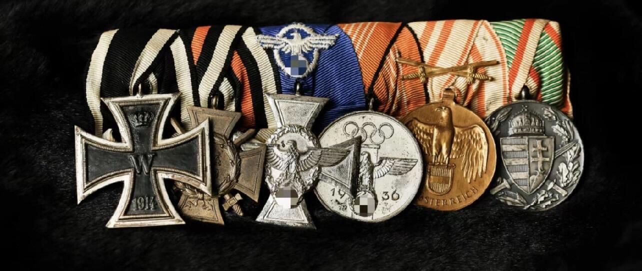 杂勋专场 德国1936柏林奥运会奖章与二级铁十字勋章礼服挂六联排，该联排二级铁十字勋章为非常少见的aws产二战制造的一战二级铁十字勋章