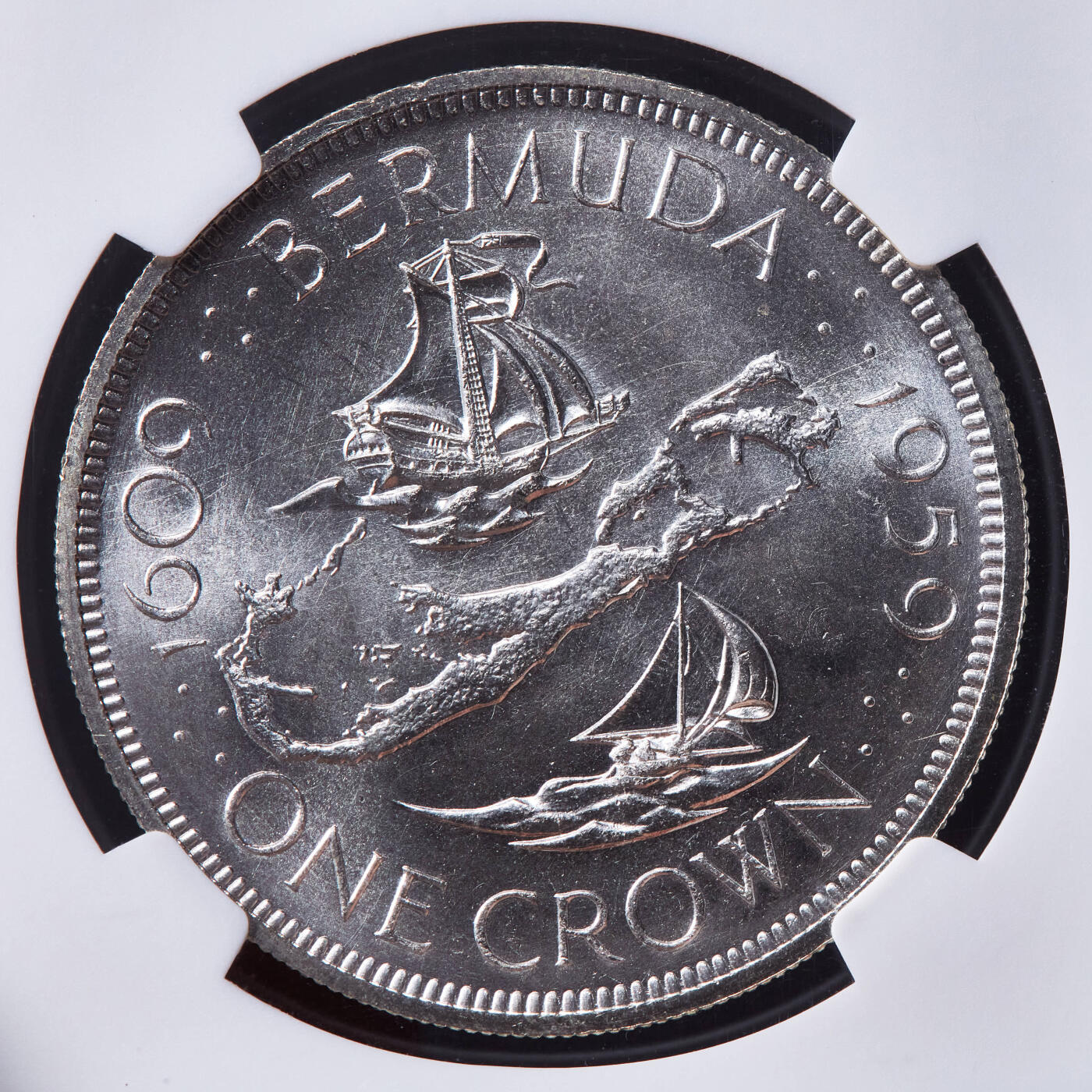 【俄甄集藏】马年新春第一拍 2026年(048)02-25星期三 晚 19:30 全场包邮 英属百慕大1959年伊丽莎白二世1克朗大银币，NGC MS67，原卷曝光顶级分数，该自治领独立发行的首枚钱币，28.28克，92.5%银，发行量10000枚