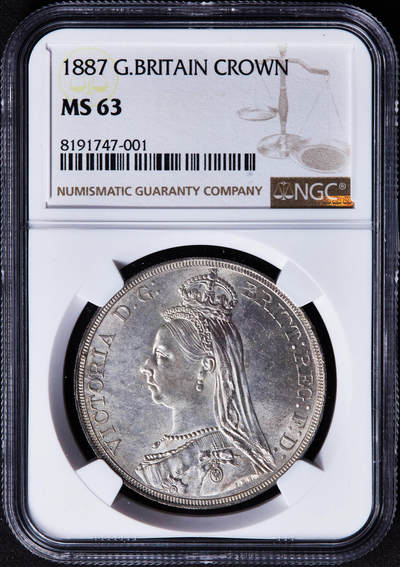 【俄甄集藏】马年新春第一拍 2026年(048)02-25星期三 晚 19:30 全场包邮 - 英国1887年维多利亚高冠马剑1克朗大银币，NGC MS63，黄油彩，转光品相，经典品种