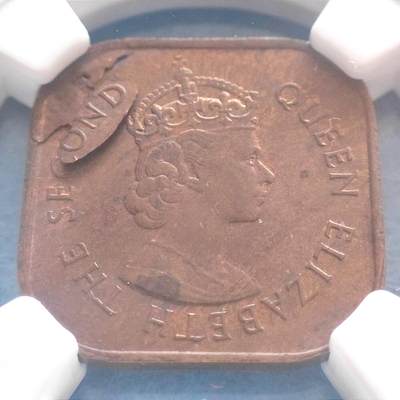 2月8日 🌏全球币章 - 珍品：1961年，英属马来亚，伊丽莎白二世，1分铜币，生产残品（开片），NGC-62