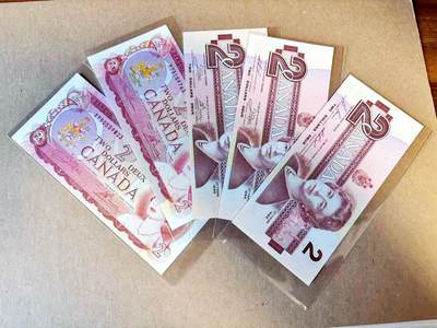 【Blue Auction】世界纸币精拍第785期——18级TOP拍卖/信誉/品质/专业/高效💫 - 【一组5张不同冠号及版本 含无47】加拿大 1974-86年2元 全新UNC