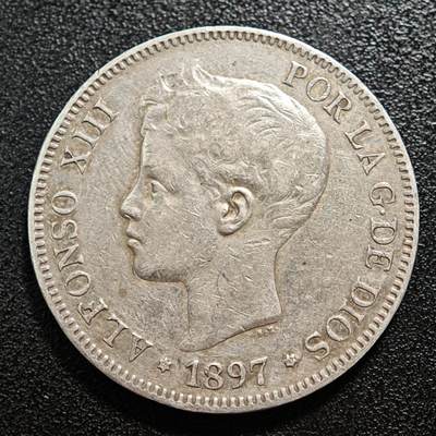 【德藏】世界币章拍卖第165期（拍品征集中~欢迎藏友联系） - 1897年 西班牙阿方索十三世5比塞塔银币 直径约：37.4mm；重约：24.8g