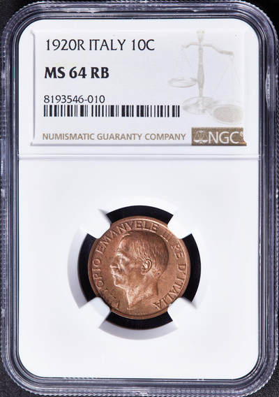 【俄甄集藏】马年新春第一拍 2026年(048)02-25星期三 晚 19:30 全场包邮 - 意大利1920年R版伊曼纽尔三世蜜蜂10分铜币，NGC MS64RB，原铜色，转光品相，钱币史上十分经典的设计，热门品种