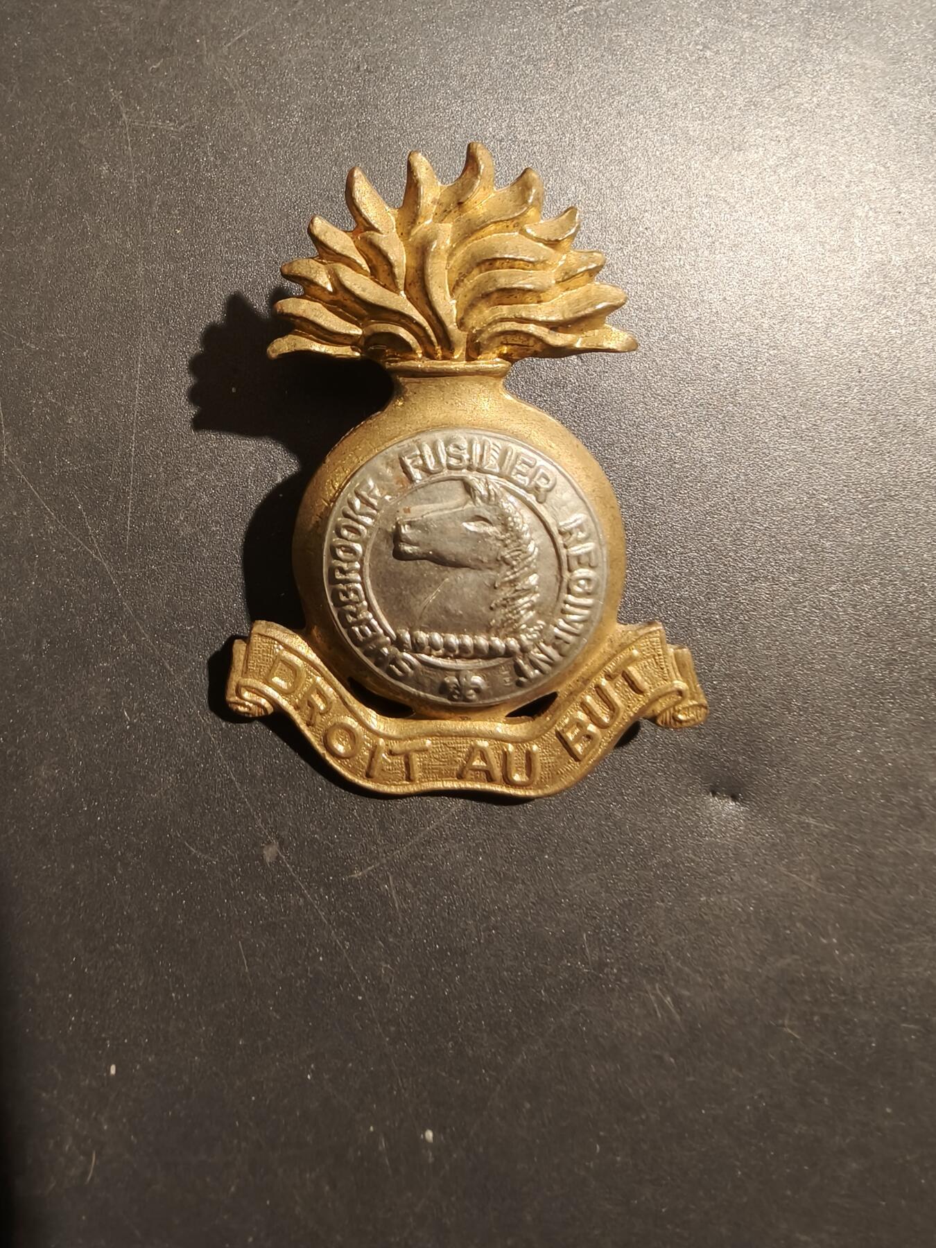 老王徽章第181期 英联邦加拿大舍布鲁克燧发枪团(第27装甲团)帽徽     二战时期     该团参加了1944年诺曼底登陆日行动   该团有63辆坦克和805名士兵登陆 