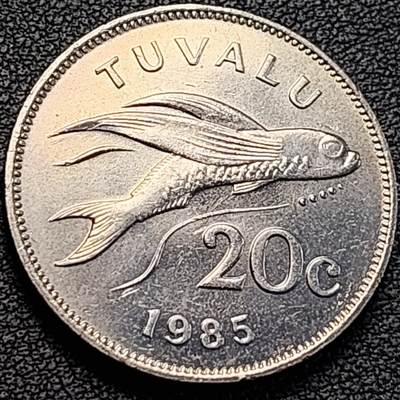 泉币菌-第186场- 小年快乐 精品福利场（本周五和之前的 2月14日发货） - 稀少原光极美 英属 图瓦卢 1985年20分铜镍币 飞鱼 伊丽莎白二世 28.45MM 