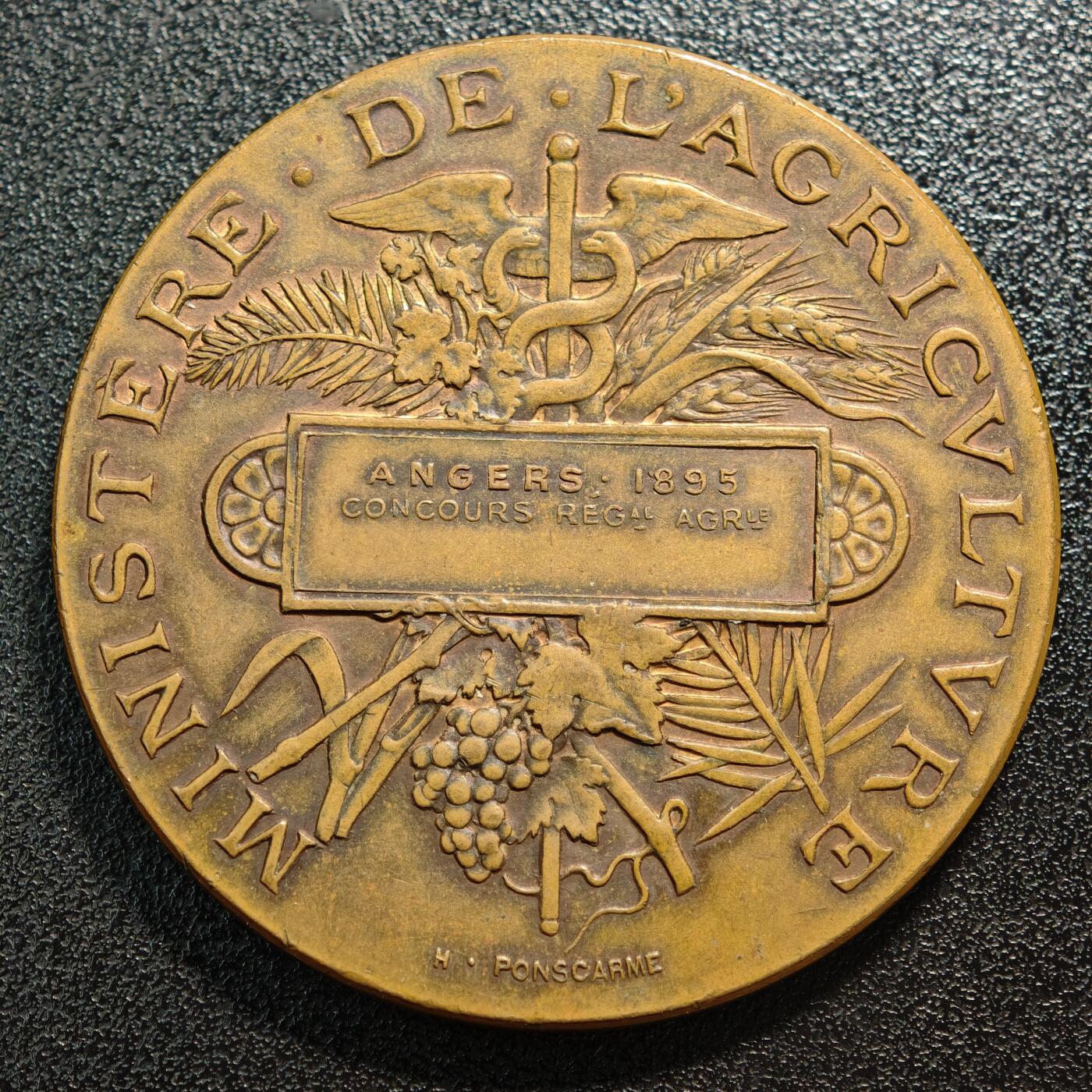 【德藏】世界币章拍卖第165期（拍品征集中~欢迎藏友联系） 1895年 法国农业部昂热地区农业竞赛法兰西女神大铜章 丰饶角边铭 正面是头戴帽、留长发的法兰西玛丽安娜左侧面肖像，背面是由双蛇杖、棕榈叶、麦穗枝、葡萄藤等组成的图案 直径约：51.3mm；重约：60.9g