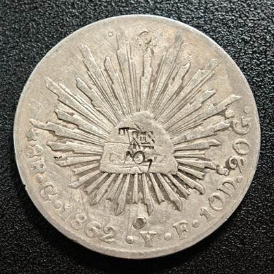 【德藏】世界币章拍卖第165期（拍品征集中~欢迎藏友联系） - 1862年 墨西哥8瑞尔（8R）鹰洋银币 有戳 直径约：38.1mm；重约：26.4g
