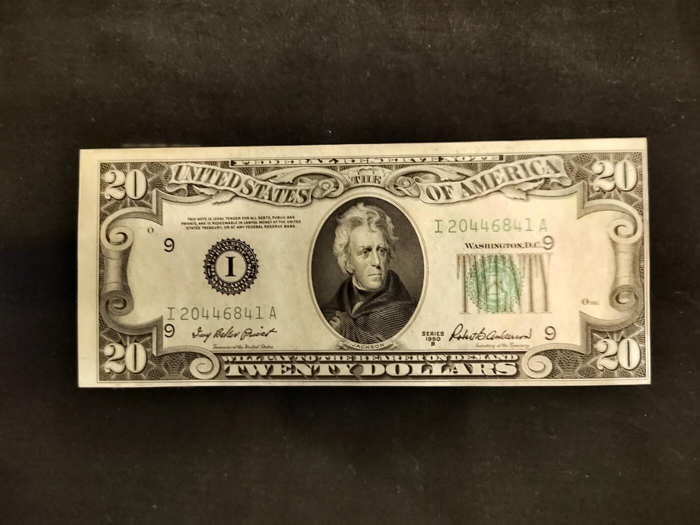 1950年20美元，裁切移位