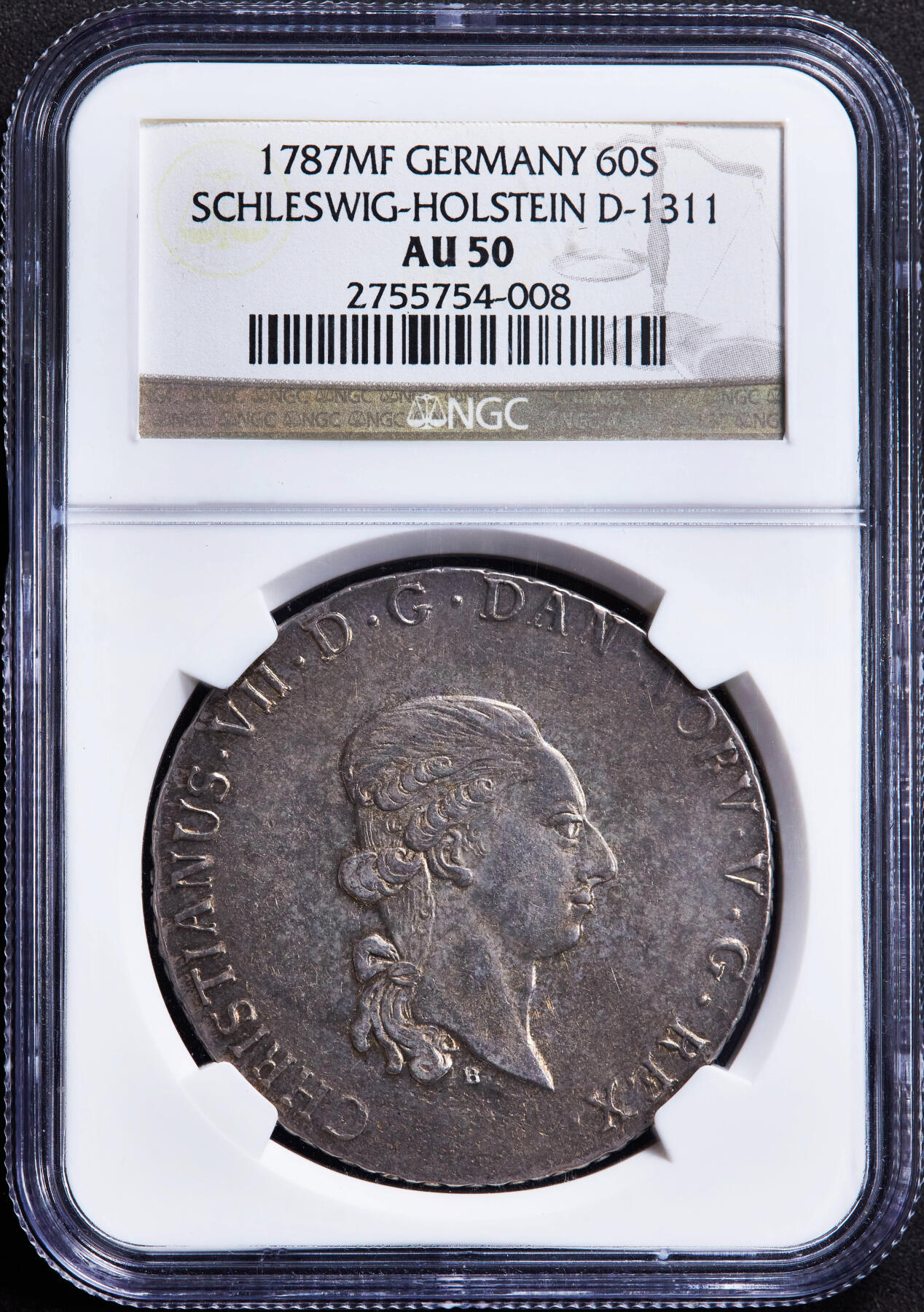 【俄甄集藏】马年新春第一拍 2026年(048)02-25星期三 晚 19:30 全场包邮 丹属德国石勒苏益格-荷尔斯泰因公国1787年克里斯蒂安七世MF版60先令大银币，NGC AU50，酱彩老包浆，稀有品种