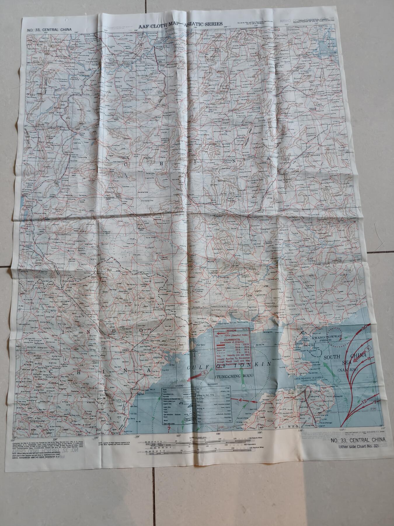 老王徽章第181期 美国二战陆军航空兵逃生图     中国战区     中国中部地区+法属印支地区       尺寸约60×80cm      少见地区