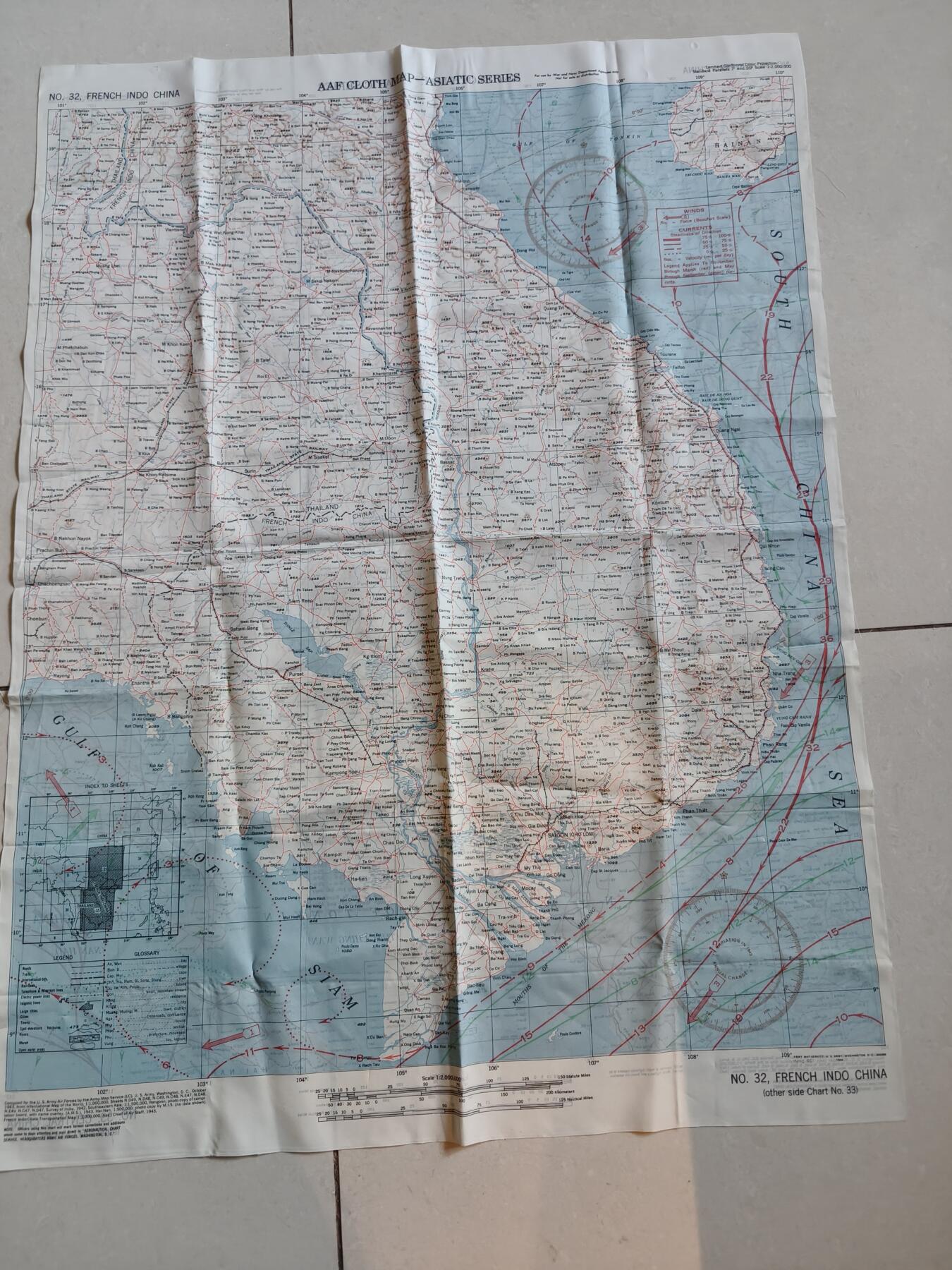 老王徽章第181期 美国二战陆军航空兵逃生图     中国战区     中国中部地区+法属印支地区       尺寸约60×80cm      少见地区