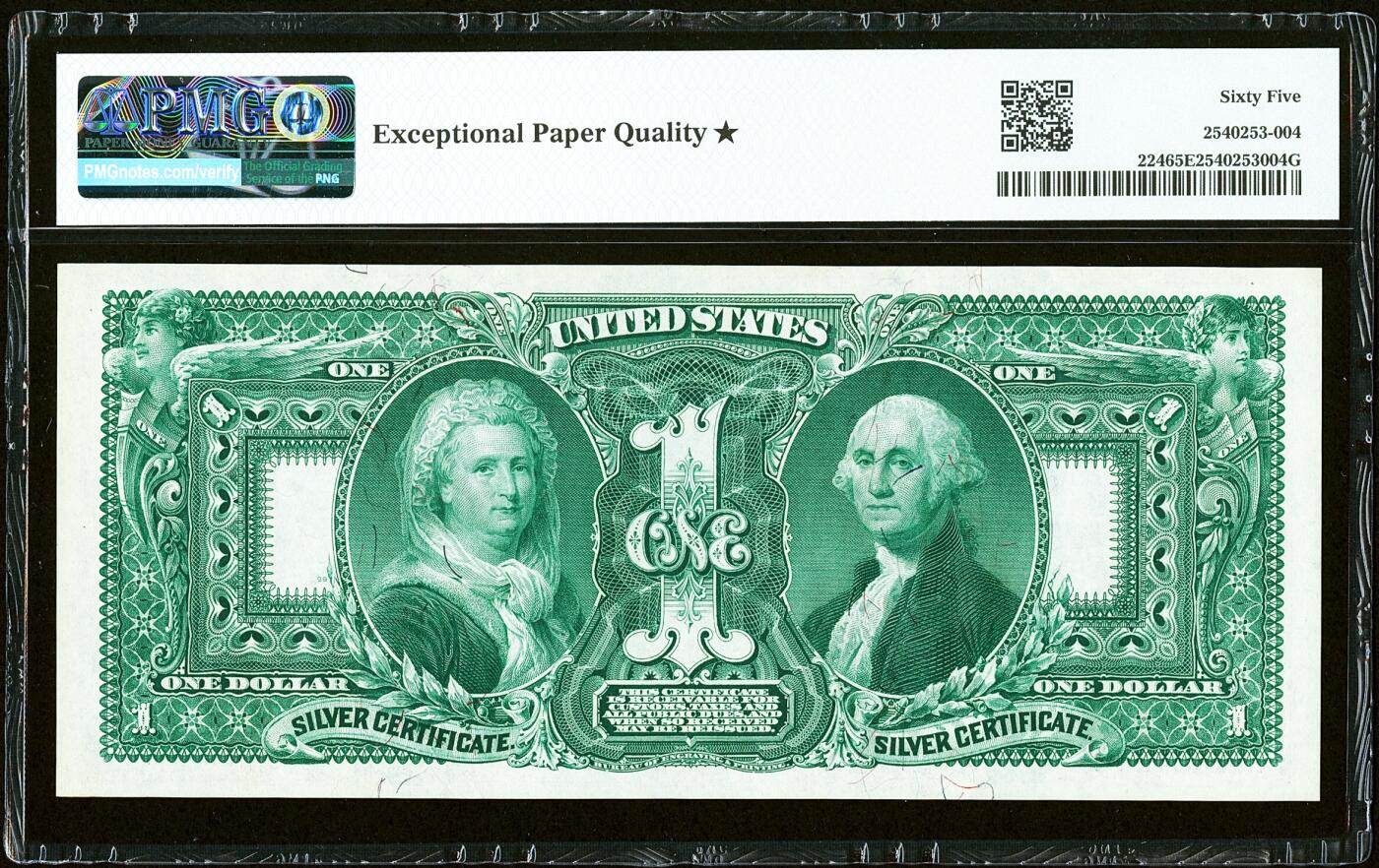 【Blue Auction】世界纸币精拍第785期——18级TOP拍卖/信誉/品质/专业/高效💫  【带星极难遇到 带星最高分 非常有特色值得收藏】美国 1896年1美金 经典教育券 备受收藏家青睐 在鲍尔斯和桑德曼的著作《TOP100最伟大的美国纸币》中排名第7 正面是《历史教育青年》的大幅装饰图案 （在正面背景中可以清晰看到华盛顿纪念碑、铸印局和美国国会大厦）背面是华盛顿和第一夫人雕刻人像及纹饰 油墨凹凸感俱佳 PMG65EPQ星星（该分带星仅3张 比103张记录的66分难评太多了）