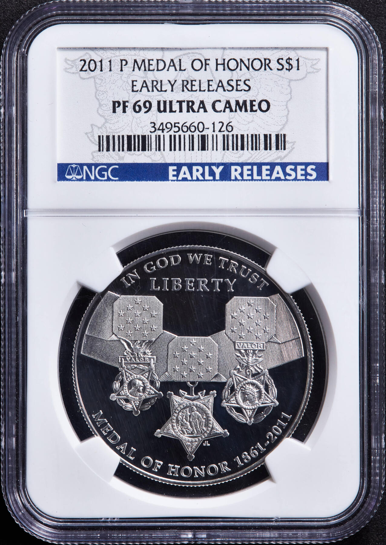 【俄甄集藏】马年新春第一拍 2026年(048)02-25星期三 晚 19:30 全场包邮 美国2011年P版纪念海陆空荣誉勋章颁发150周年1美元精制大银币，NGC PF69UC，早期标签，重26.73克，900银，设计精美