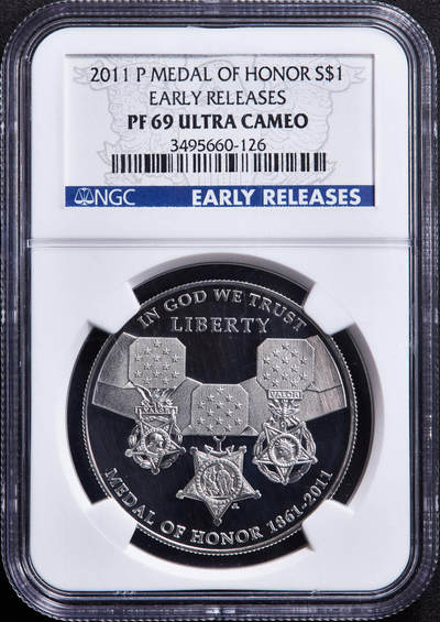 【俄甄集藏】马年新春第一拍 2026年(048)02-25星期三 晚 19:30 全场包邮 - 美国2011年P版纪念海陆空荣誉勋章颁发150周年1美元精制大银币，NGC PF69UC，早期标签，重26.73克，900银，设计精美