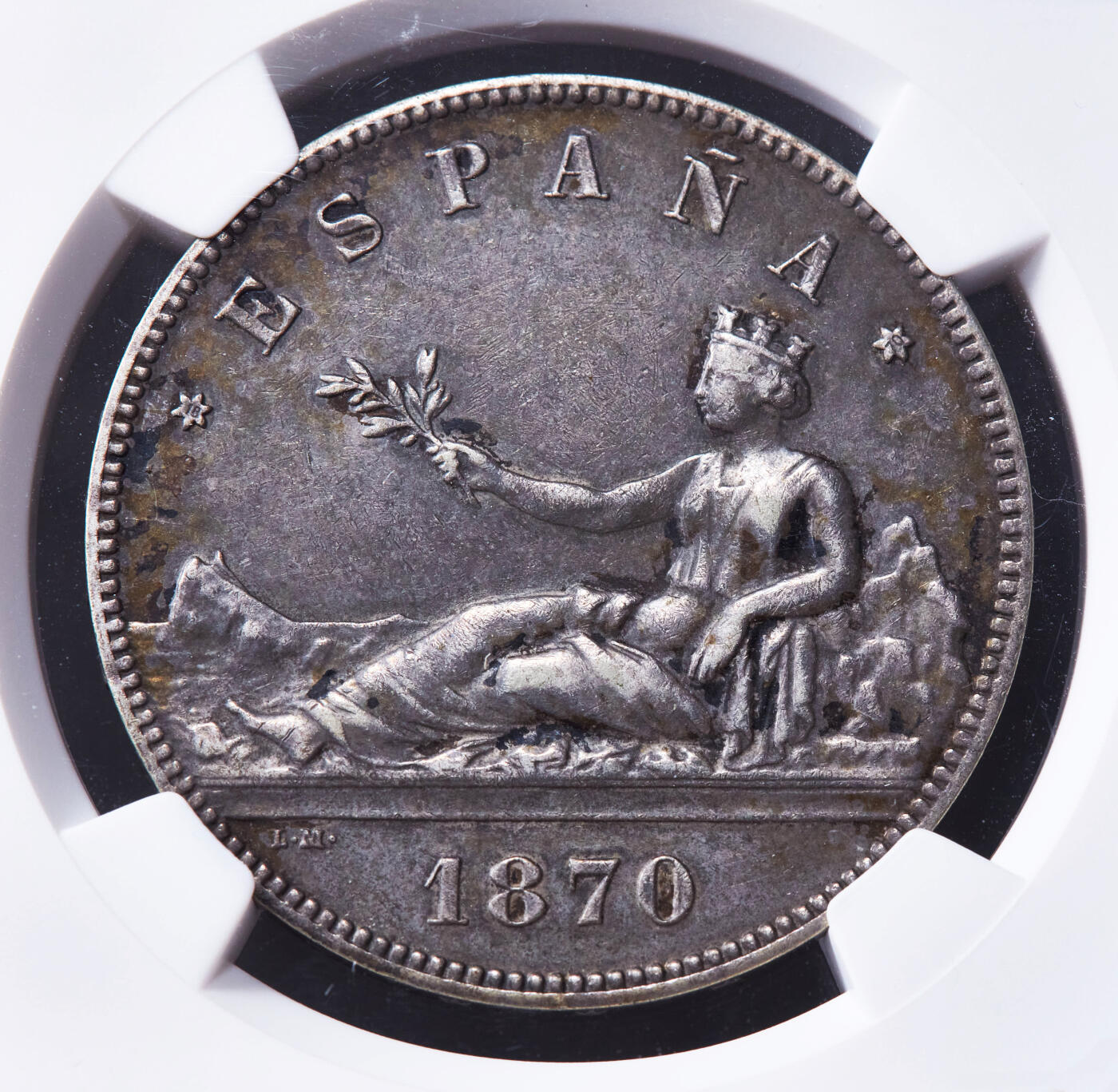 【俄甄集藏】马年新春第一拍 2026年(048)02-25星期三 晚 19:30 全场包邮 西班牙1870年光荣革命时期骑字版自由女神拿花5比塞塔大银币，NGC XF45，原味酱彩老包浆，味道佳