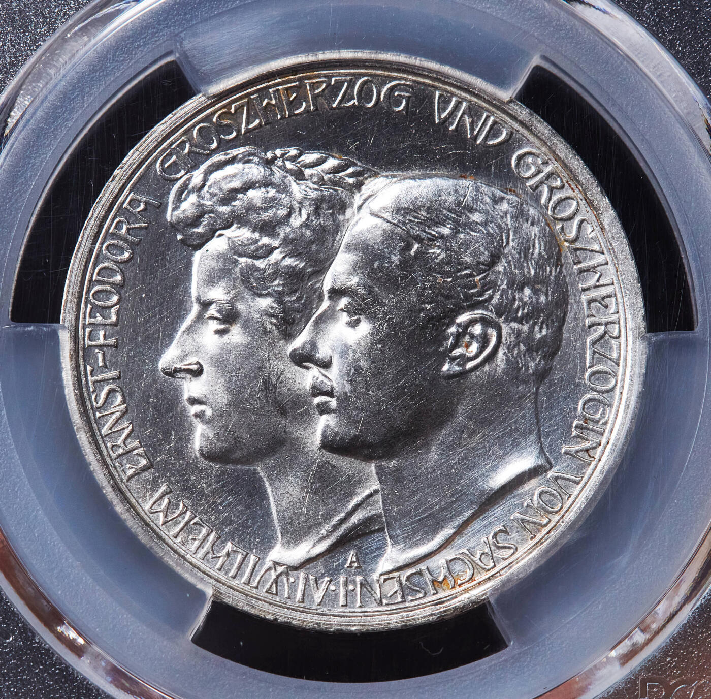 【俄甄集藏】马年新春第一拍 2026年(048)02-25星期三 晚 19:30 全场包邮 德国1910年A版萨克森-魏玛-爱森纳赫威廉·恩斯特大公同费奥多拉结婚3马克银币，PCGS AUD，底板凝霜，少见品种