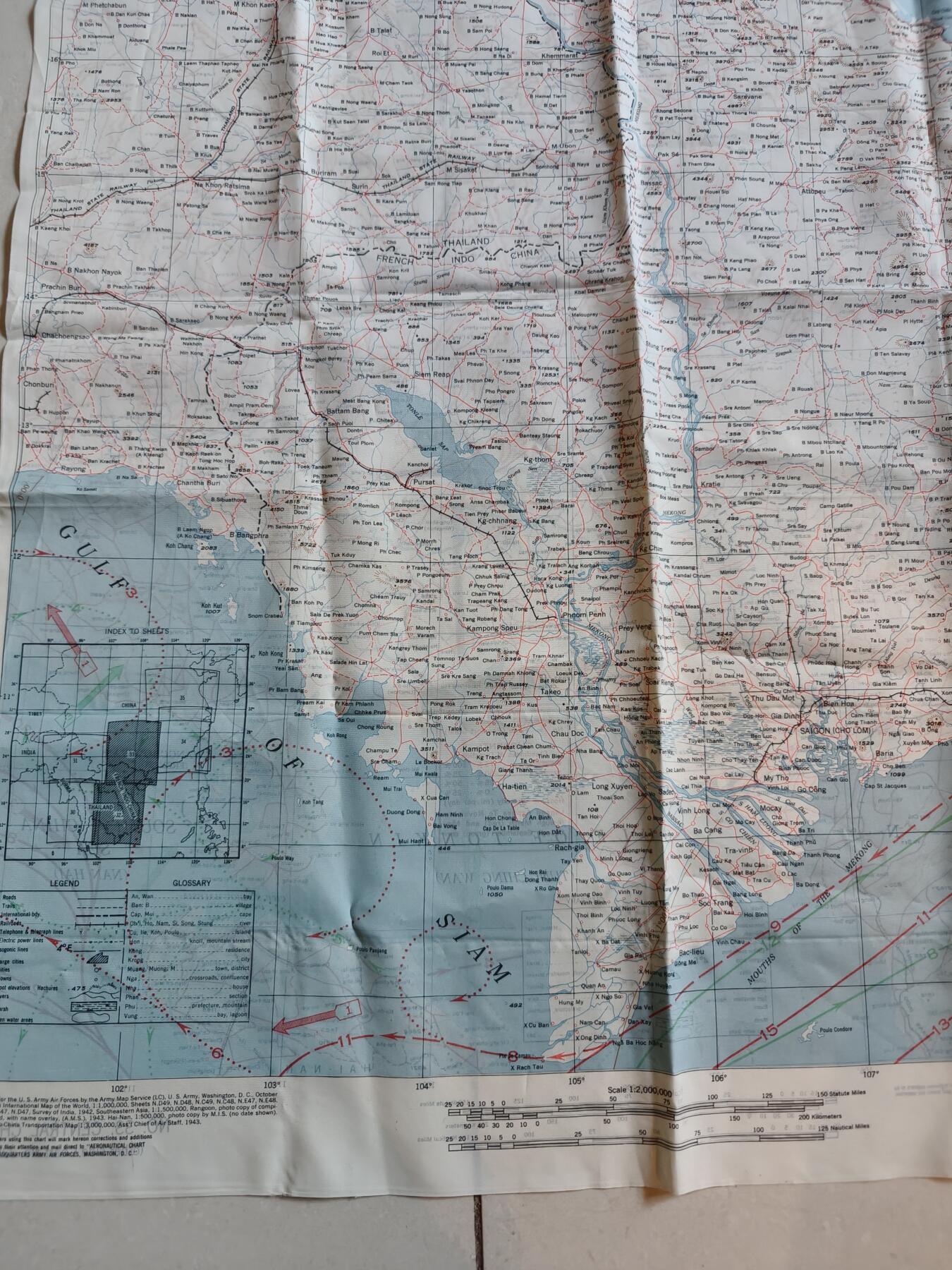 老王徽章第181期 美国二战陆军航空兵逃生图     中国战区     中国中部地区+法属印支地区       尺寸约60×80cm      少见地区