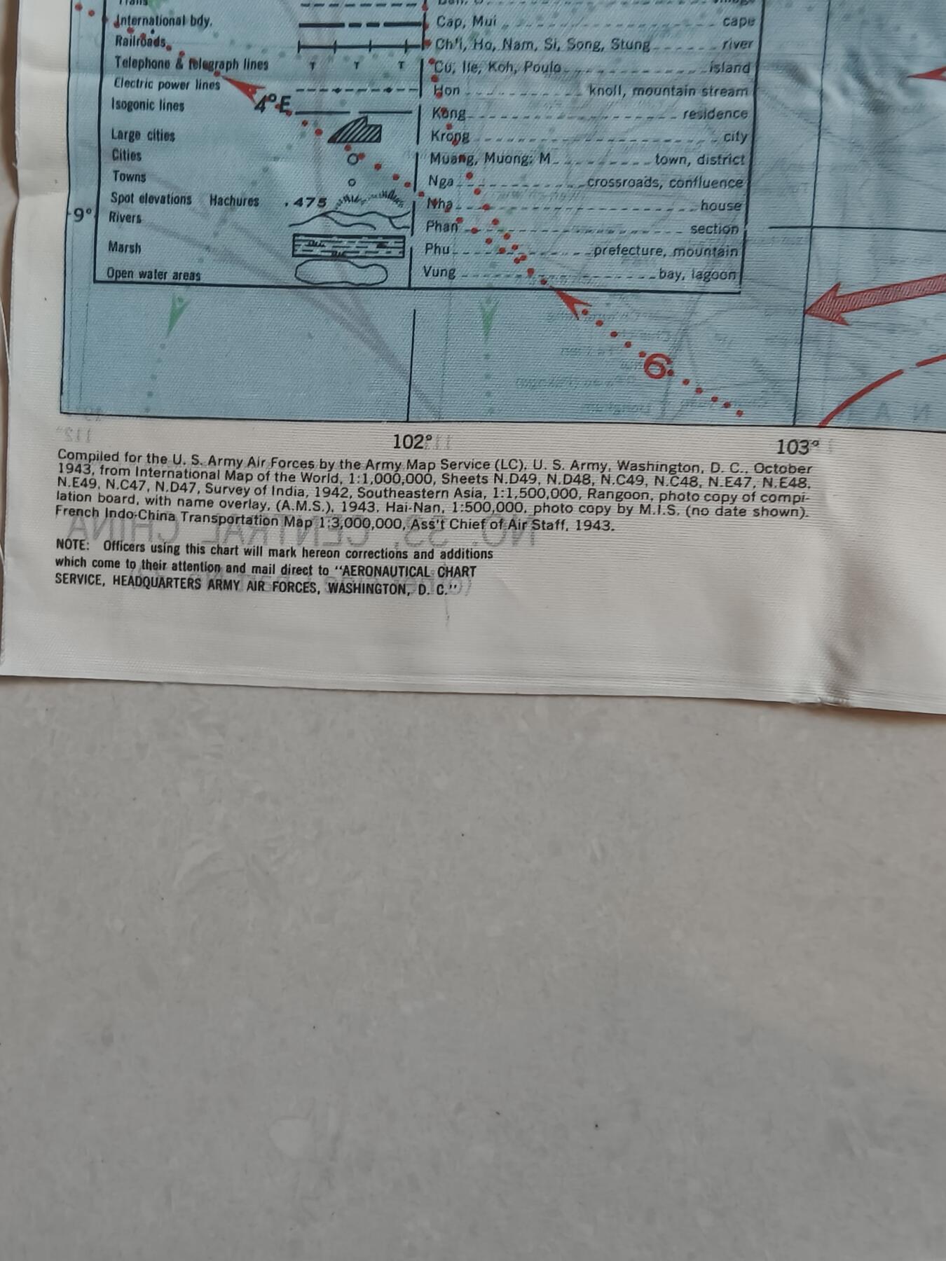 老王徽章第181期 美国二战陆军航空兵逃生图     中国战区     中国中部地区+法属印支地区       尺寸约60×80cm      少见地区