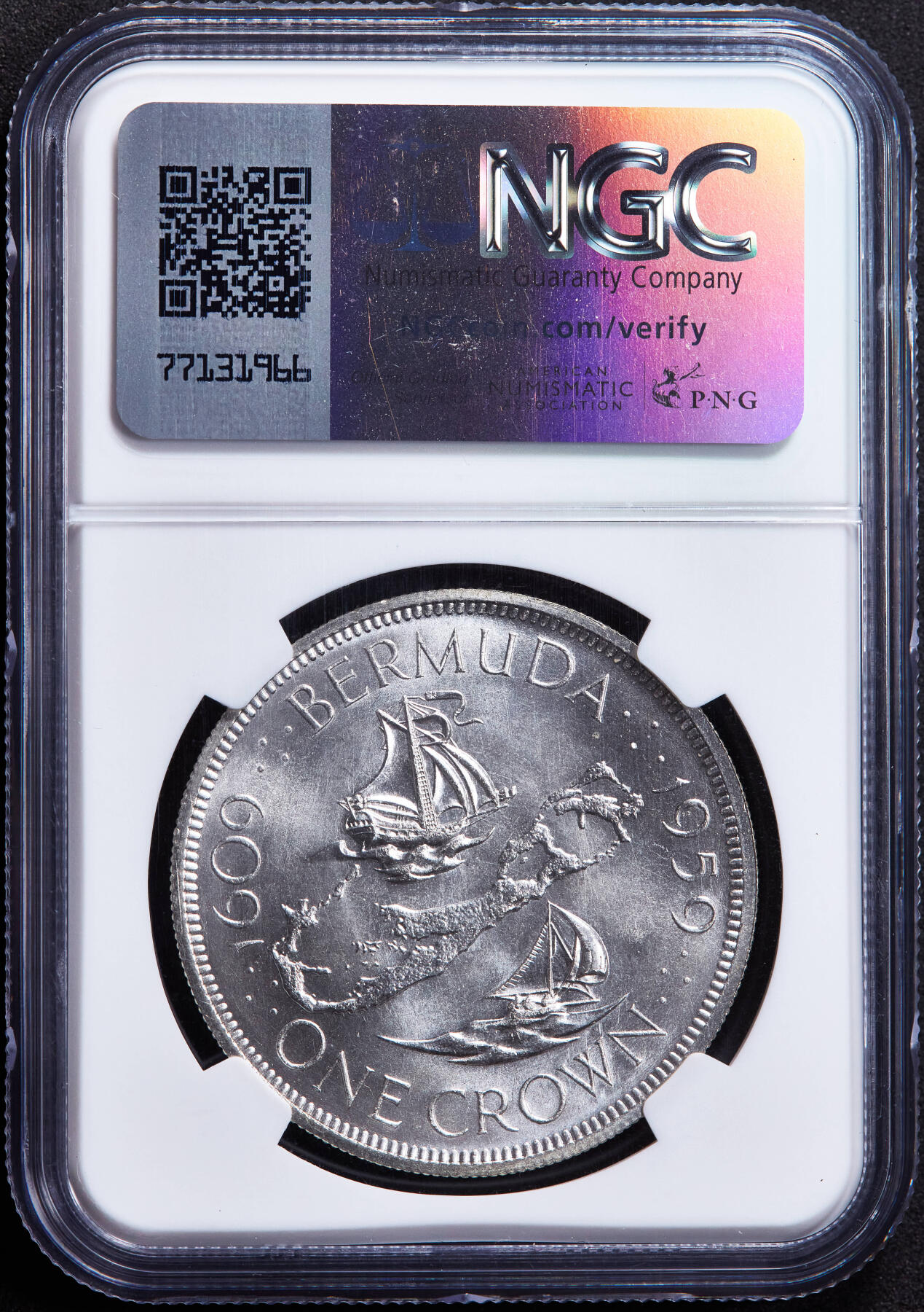【俄甄集藏】马年新春第一拍 2026年(048)02-25星期三 晚 19:30 全场包邮 英属百慕大1959年伊丽莎白二世1克朗大银币，NGC MS67，原卷曝光顶级分数，该自治领独立发行的首枚钱币，28.28克，92.5%银，发行量10000枚