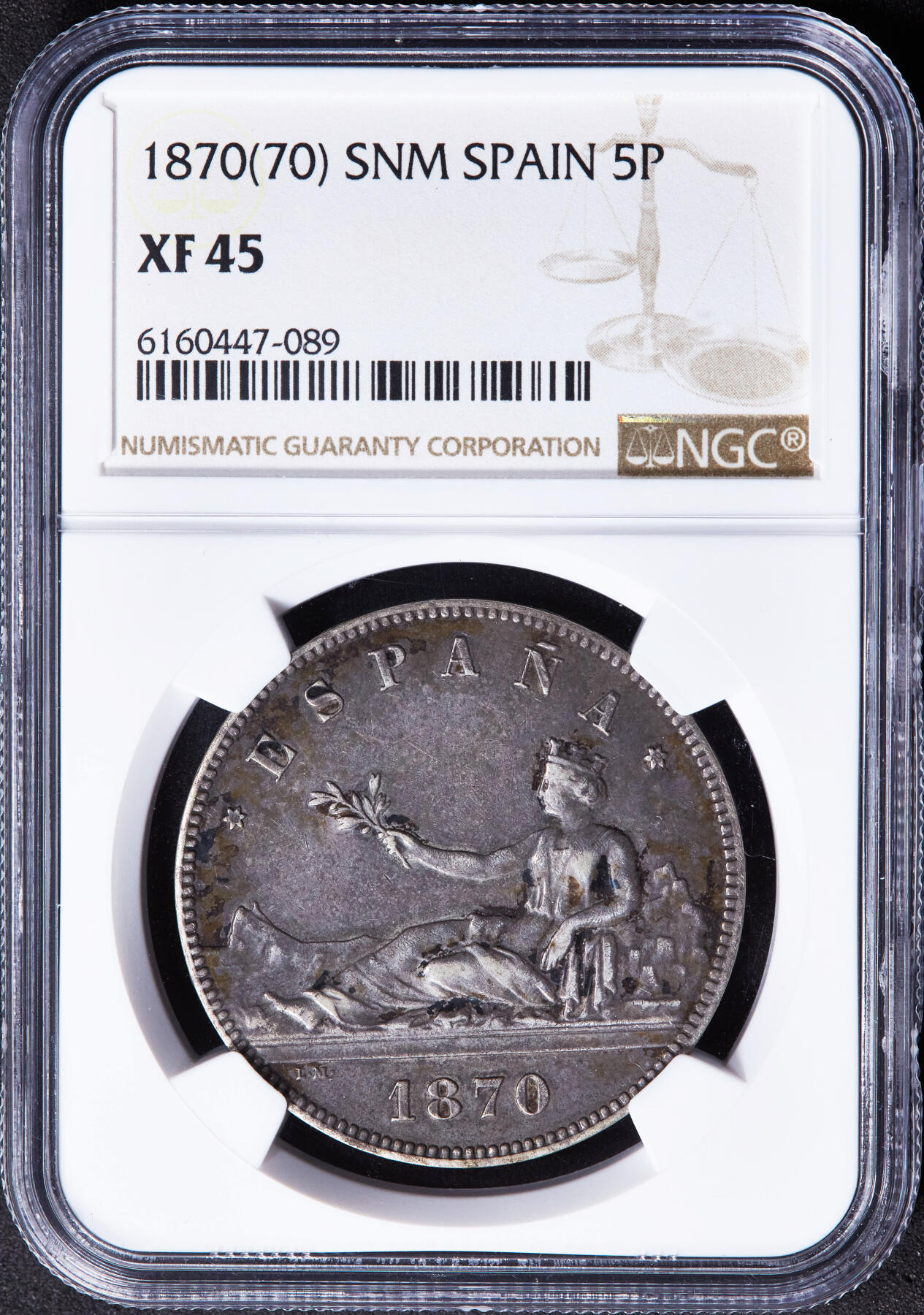 【俄甄集藏】马年新春第一拍 2026年(048)02-25星期三 晚 19:30 全场包邮 西班牙1870年光荣革命时期骑字版自由女神拿花5比塞塔大银币，NGC XF45，原味酱彩老包浆，味道佳