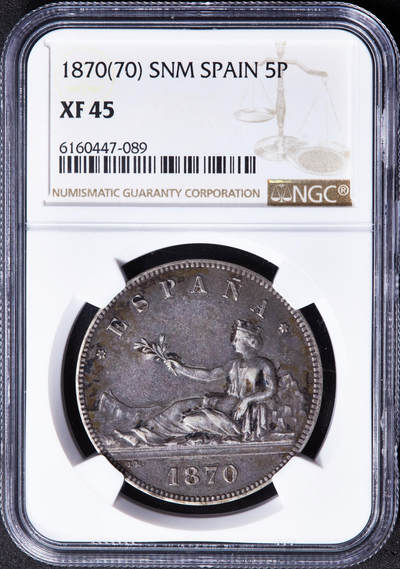 【俄甄集藏】马年新春第一拍 2026年(048)02-25星期三 晚 19:30 全场包邮 - 西班牙1870年光荣革命时期骑字版自由女神拿花5比塞塔大银币，NGC XF45，原味酱彩老包浆，味道佳